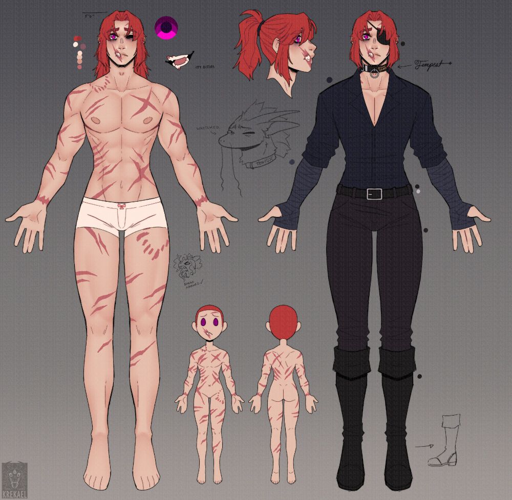 reference sheet of Arthur (he/him), a scarred hyur with reddish hair and a single violet eye.