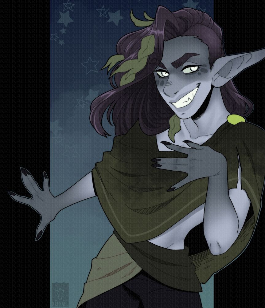 Humanoid kelpie character with blue-grey skin and leaves in his long, black hair.