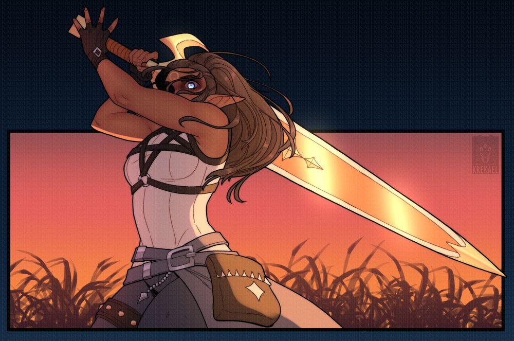 Tan elf lady with blue eyes getting ready to cleave you with a GIANT gold and white sword at sunset