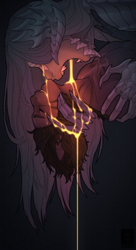 Large lizard man holding cat man tenderly. Possessively. Glowing gold lava? blood? is coming out of lizard man's mouth and spilling onto cat man's throat