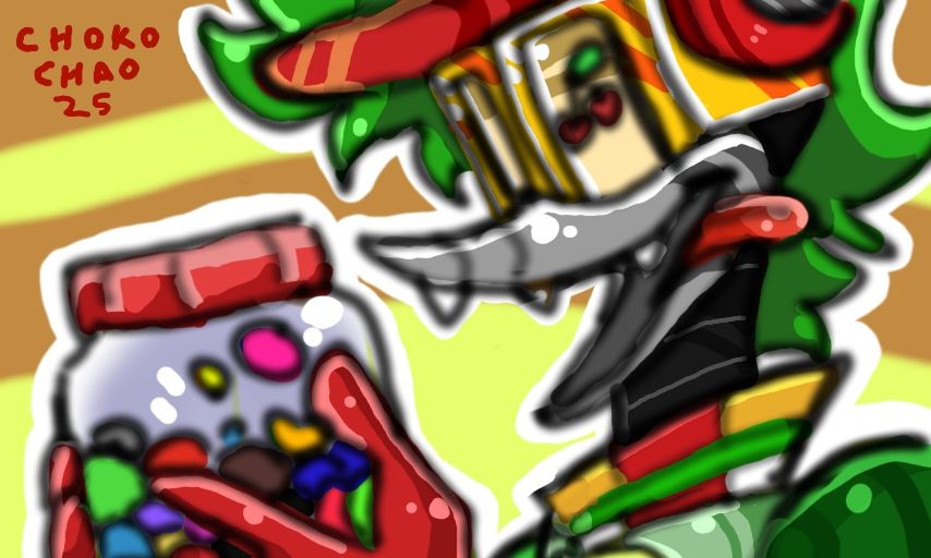 a digital sketch drawn using a 3DS. it depicts a robot duck called the duck shuffler, holding a jar of jellybeans. his mouth is open wide, with sharp teeth pointed down. his tongue sticks out from the side. he wears a mask that imitates slot machines, and his hair is bright green. 