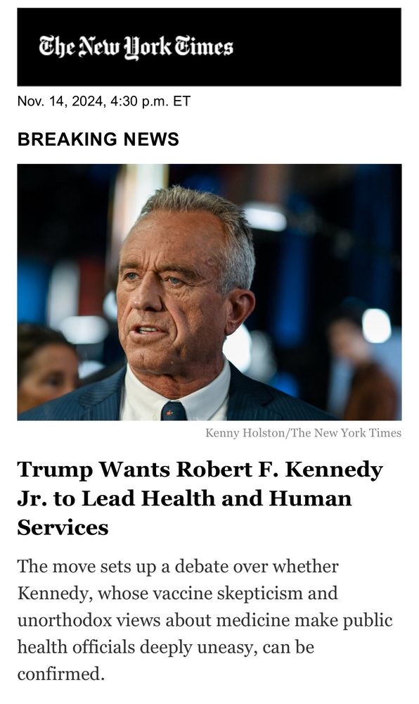 New York Times headline about RFK Jr potentially being tapped to run the Department of Health and Human Services 