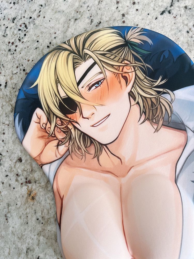 3D mousepad of timeskip Dimitri, with all the 3D being in his plush chest. Dimitri, blushing while making eye contact with the viewer, is lying on his furry cloak with his shirt alluringly open, showing his elegantly defined collar bones and the beginning of a pale cross-shaped scar over his left breast.