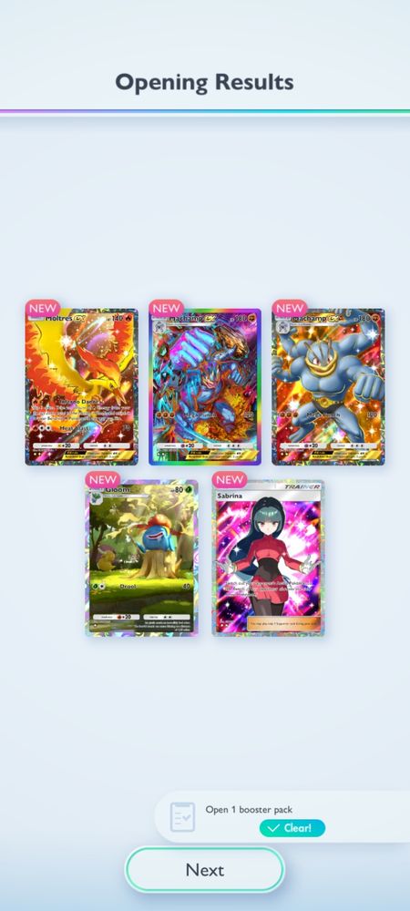A Screenshot showcasing 5 different Special cards I opened just from 1 Pack.
*Full Art Moltress ex
*2 different Full Art Machamp ex
*Sabrina Full Art
*Full Art Gloom
