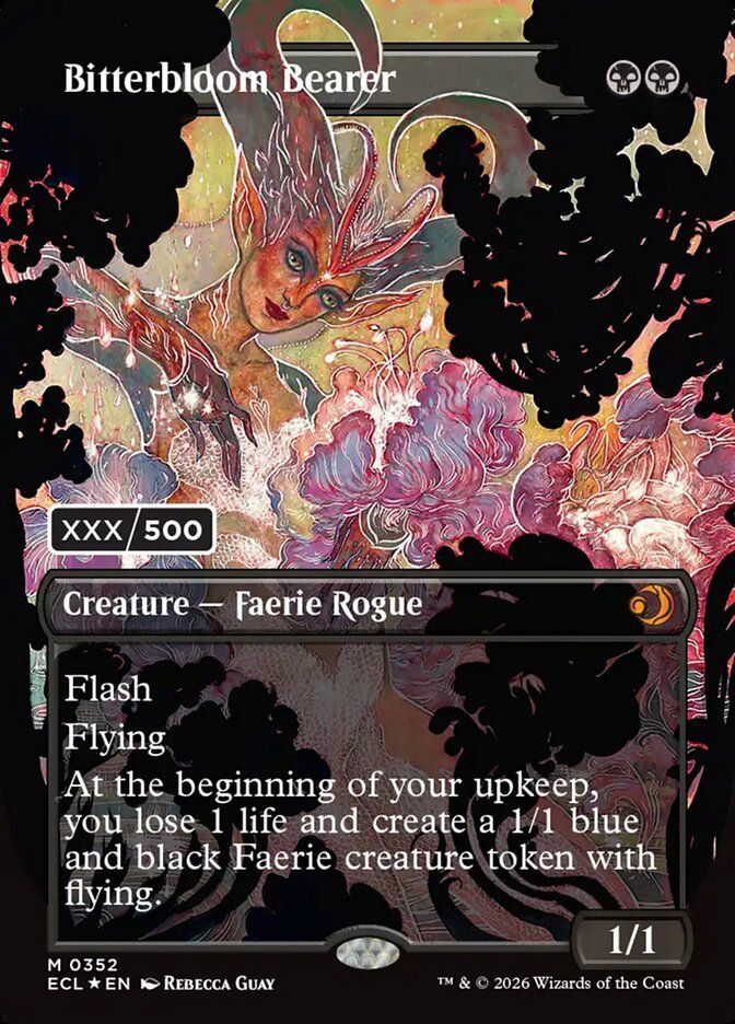 Bitterbloom Bearer
{B}{B}
Creature — Faerie Rogue

Flash

Flying

At the beginning of your upkeep, you lose 1 life and create a 1/1 blue and black Faerie creature token with flying.

1/1
Illustrated by Rebecca Guay