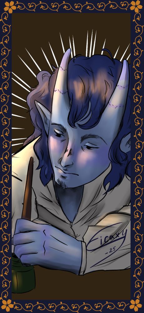 Jadrak is a blue tiefling pirate with curly blue hair. He's dipping an ink pen to ink and looking down with a calm expression on his face. Jadrak belongs to xlittle_ele on Instagram!