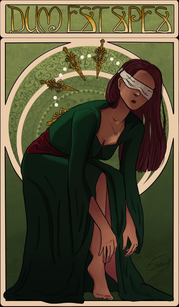 Green art nouveau styled and tarot card inspired digital drawing. A woman has her eyes tied. She is hunched over herself and looking up, like somebody had just called her name. Her eyes are tied up, dark red hair loose. She is wearing a dark green dress that has a red ribbon tied around the waist. The top of the card reads "Dum est spes", "while there is hope".