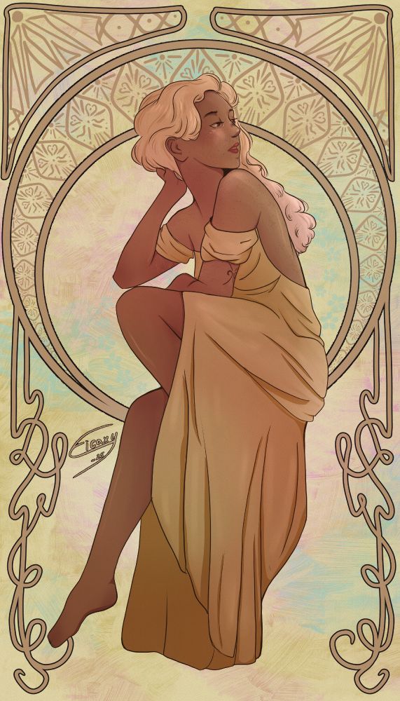 Art nouveau style card of my novel's character Gaia. They are dressed in a light yellow dress and looking over their shoulder. Their hair is blond with light pink ends. The back of their arm has a tattoo, a Kleifarian symbol for "power" or "strength".