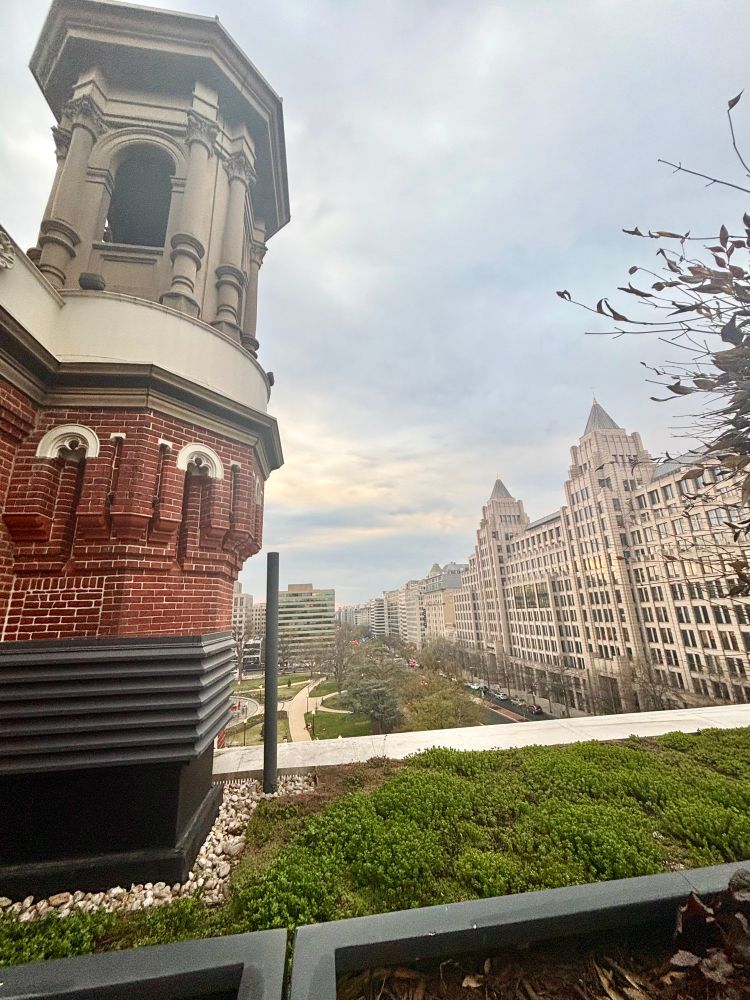 The view from the fourth floor of Planet Word, overlooking an urban skyline and green space.
