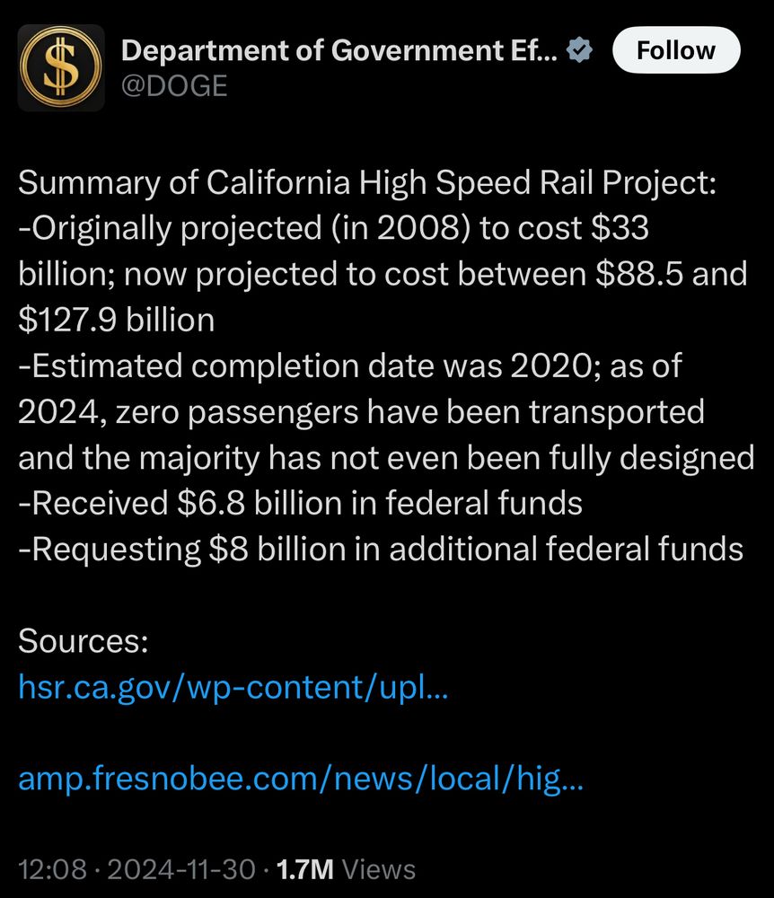 Summary of California High Speed Rail Project:
-Originally projected (in 2008) to cost $33 billion; now projected to cost between $88.5 and $127.9 billion 
-Estimated completion date was 2020; as of 2024, zero passengers have been transported and the majority has not even been fully designed
-Received $6.8 billion in federal funds
-Requesting $8 billion in additional federal funds