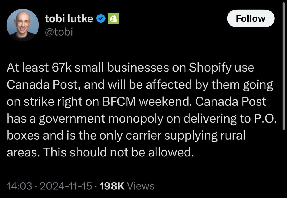At least 67k small businesses on Shopify use Canada Post, and will be affected by them going on strike right on BFCM weekend. Canada Post has a government monopoly on delivering to P.O. boxes and is the only carrier supplying rural areas. This should not be allowed.