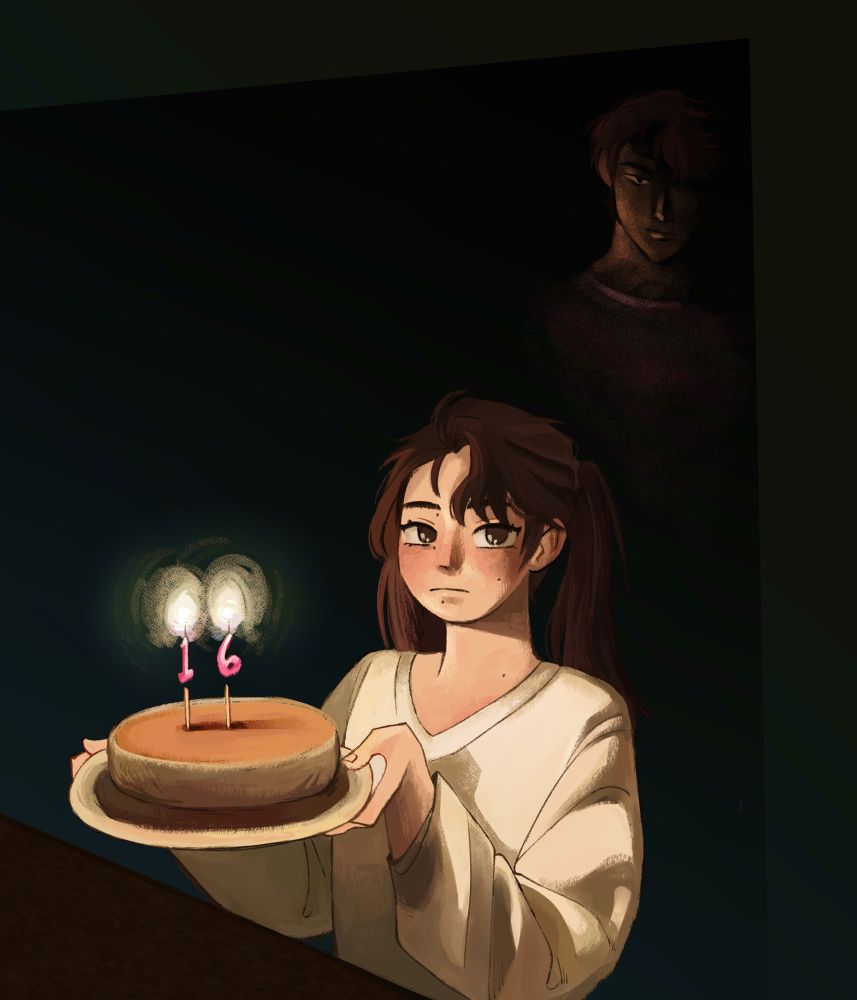yoo mia sitting in a dark room only lit by two candles propped on a plain round cake. the candles have the number 1 and 6 on them. behind her is a very faint yoo joonghyuk, only his face is slightly lit by the candles. 

(I believe I referenced this pose from a pic on pinterest but can no longer find it)