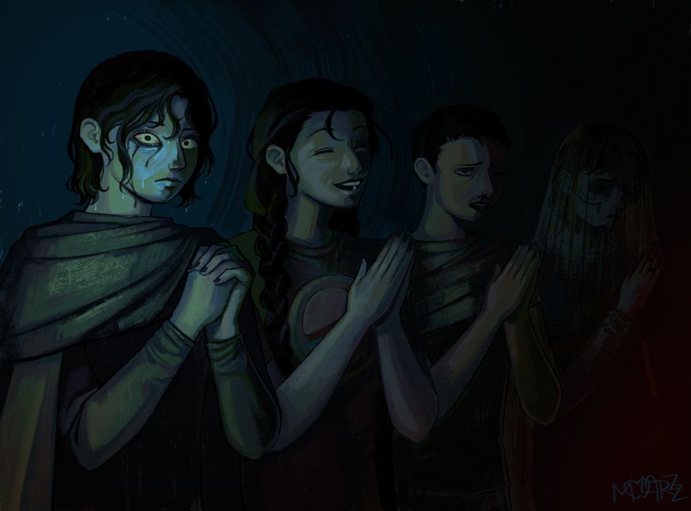 The same illustration, except with a greenish-blue light instead of red.