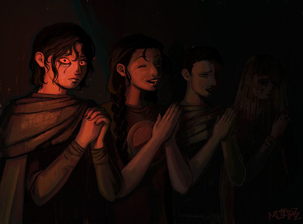 An illustration of four figures standing side-by-side. Harrowhark Nonagesimus from the Locked Tomb series is at the front with a bright red light shining on her face. Black face paint is dripping from her eyes and her hair is wet. Her hands are clasped together tightly. Beside her, getting further from the red light, is Nona, Harrow with a buzzcut, and Harrow in a veil. The three of them have their hands put together in prayer. 