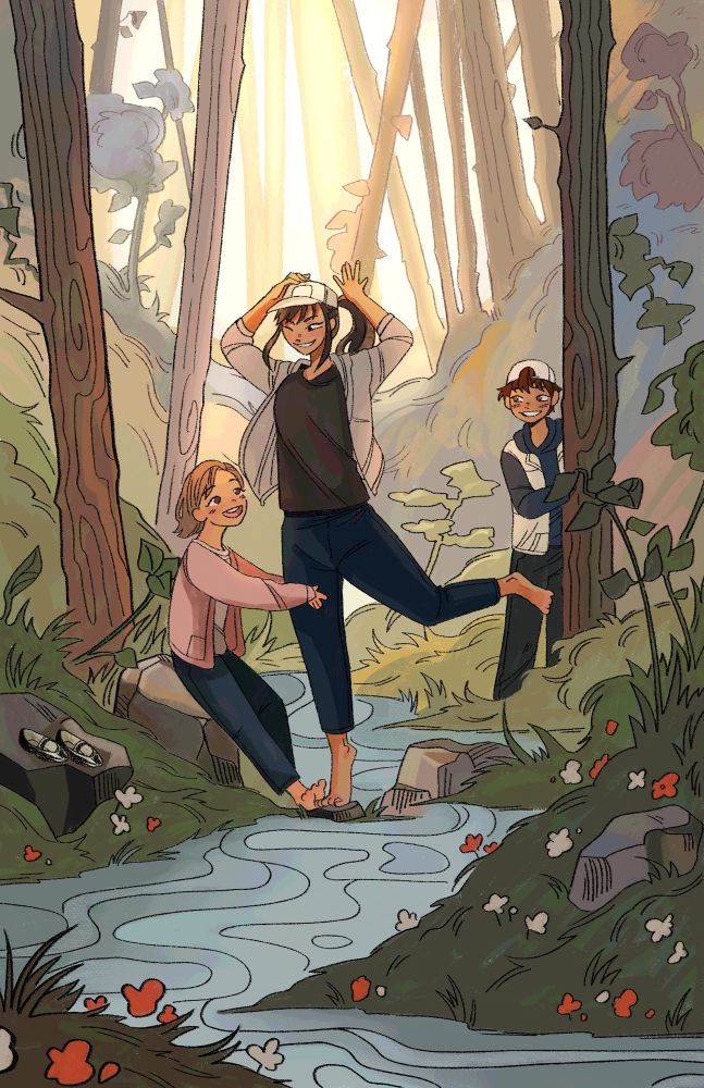 an illustration of lee jihye, lee gilyoung, and shin yoosoung from the webnovel omniscient readers viewpoint. the three of them are playing around in a forest. sunlight pours in from behind, lighting up the trees and grass. lee jihye is stepping on a rock in the middle of a flowing stream while shin yoosoung holds onto her leg. lee gilyoung peeks from a nearby tree, smiling. 