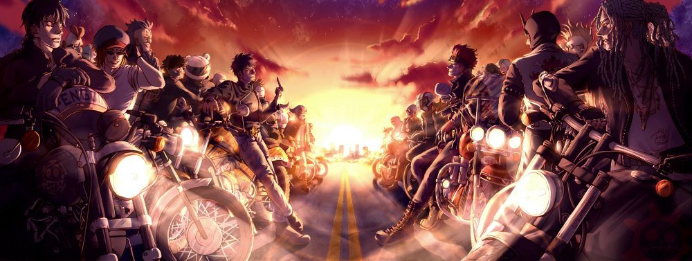 Fan art of the Heart Pirates and the Kid Pirates as biker gangs facing each other on an empty street at dawn. 