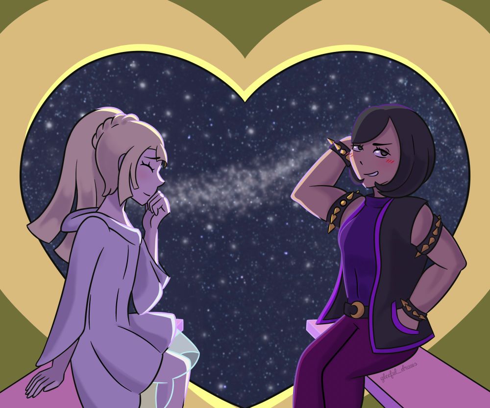 Lillie (left) and Selene (right) from Pokemon Sun and Moon, sitting in a heart-shaped ferris wheel. Lillie is dressed in a white robe similar to Noelle’s from Deltarune, and Selene is in an outfit similar to Susie’s.