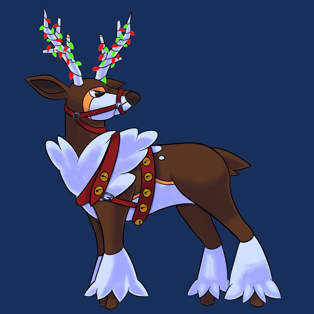 The Pokemon Sawsbuck, winter form, with red and green Christmas lights in its antlers and a red halter over its snout. It also wears a red harness with gold bells. The background is a dark blue.