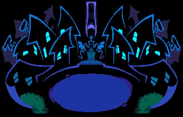 Castle town. It's a circular town with blue along the edges of the buildings and in the center plaza. In the distance is a castle, and a Dark Fountain slowly flows through it.