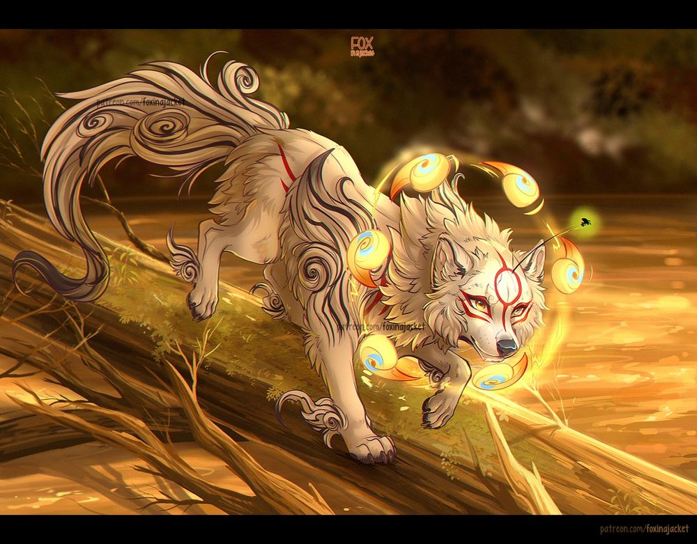 A white wolf with red markings and golden eyes stands on a fallen tree branch above a river. The wolf's fur is stylized with swirling patterns and its eyes emit a radiant light. A small, glowing person is hovering near the wolf's head.