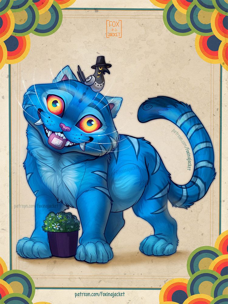 A vibrant blue, cartoon-style tiger-like creature with large yellow and red eyes, a wide grin, and a small black bird wearing a hat on its head, stands next to a potted plant.