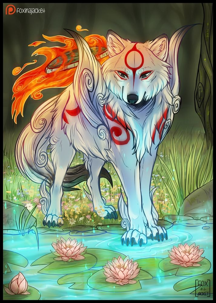A white wolf (Okami Amaterasu) with red markings stands in a forest clearing. She is standing near a pond with water lilies and glowing water.