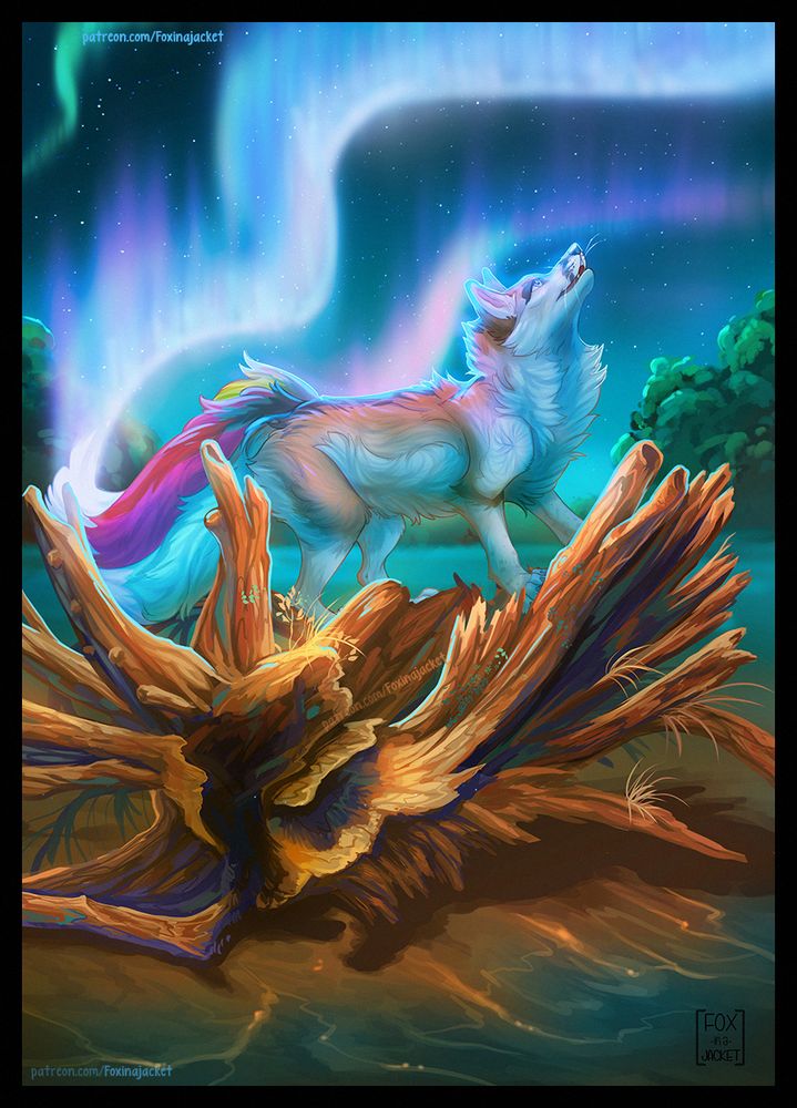 A digital illustration of a three-tailed kitsune standing on a large fallen tree trunk. She’s looking up at the northern lights in the night sky - colours matching her own tails, which are cyan, magenta, and yellow. The auroras appear to be something she accidentally created. #FurryArt #Kitsune #FurryArtist