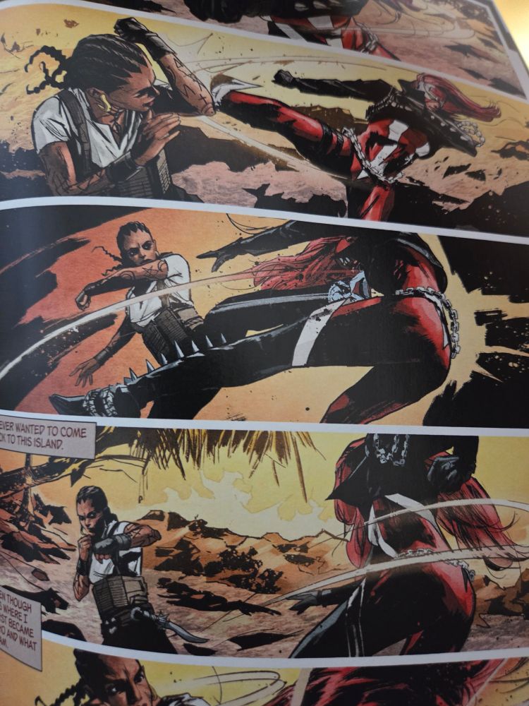 An action page from the comic. Two fighters are exchanging kicks 
