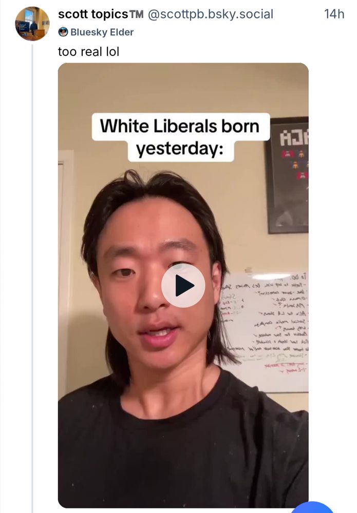 Screenshot of a tiktok video showing a young Asian American masc presenting person. Text; White liberals born yesterday.