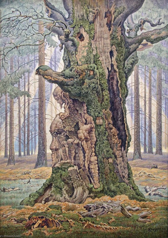 Watercolour painting: an ancient, craggy beech stands in a forest, its bark flaking, its trunk bulging and coated with moss and lichen. 

Its original title is 'Deutsch Heilige Buche' - German Sacred Beech. 