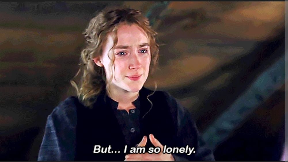 Escena de Mujercitas (2019) con Saoirse Roan como Jo, llorando, frustrada: But... I am so lonely