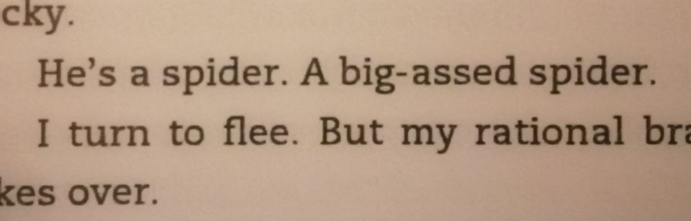 Fragmento de la versión en inglés de Proyecto Hail Mary, donde se lee "He was a spider. A big-assed spider. I turn to flee. But my rational brain takes over." 