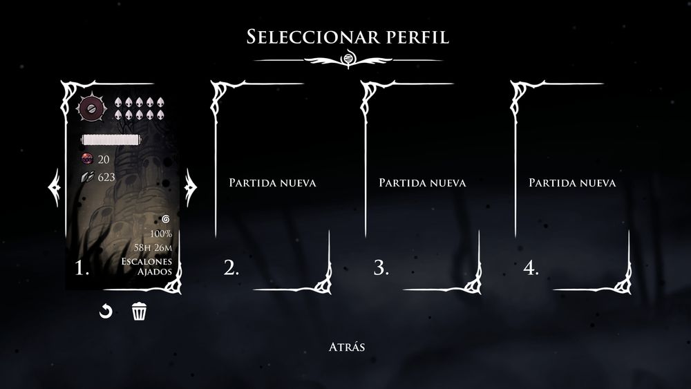 Captura de pantalla del menú de Silksong, en el se muestra que llevo el 100% del juego completado y 58h jugadas