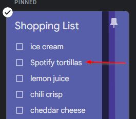 A digital shopping list with one of the items being "Spotify tortillas."