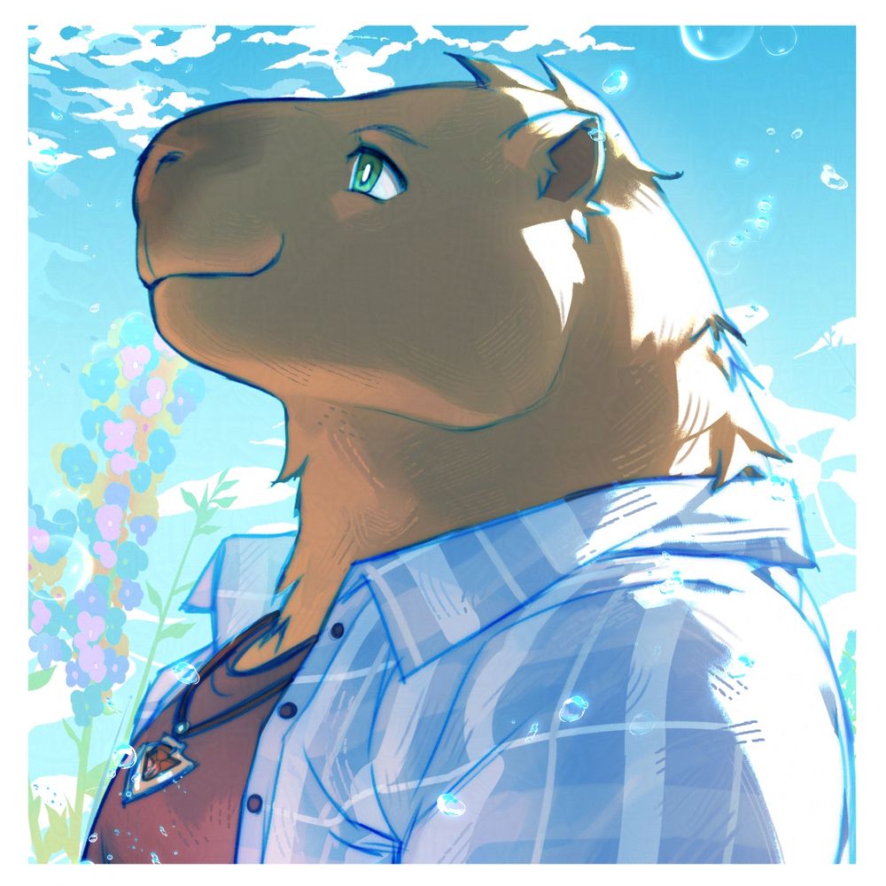 An anthro capybara wearing a blue plaid shirt hopefully looks up towards the sky.