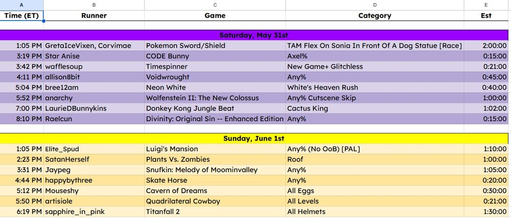 Schedule for Fatales @ SGDQ Preview Special 

Begins Saturday and Sunday at 1PM