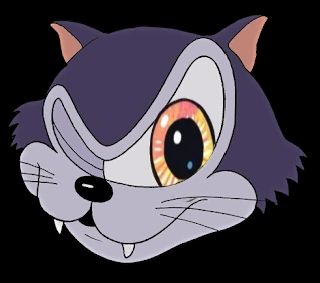 The boss Katzenwagen from Cuphead winking with their eye replaced by the iconic Frame Fatales eye.