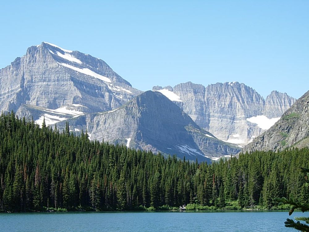 mountains background, forest midground, lake foreground