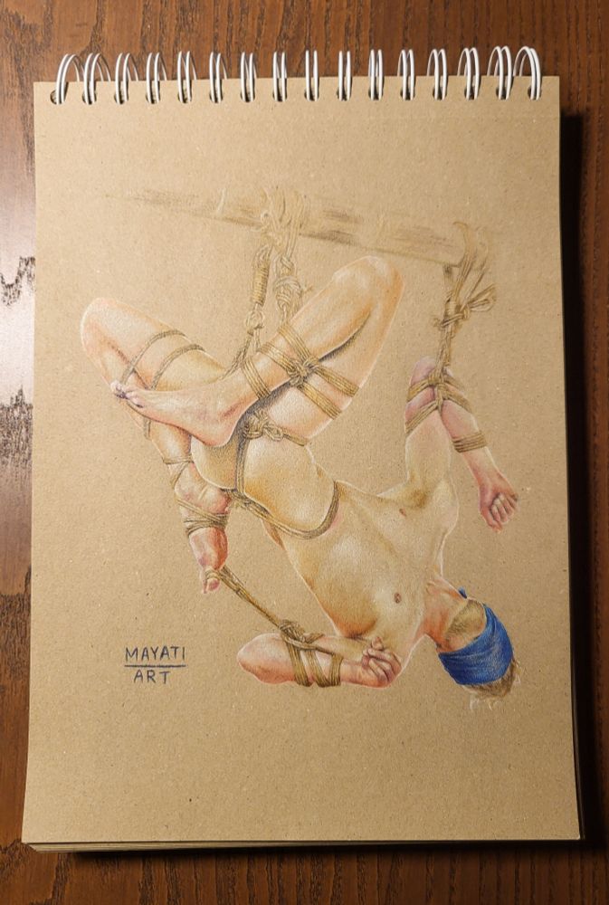 A drawing on toned paper of a man in an asymmetric rope bondage suspension. 