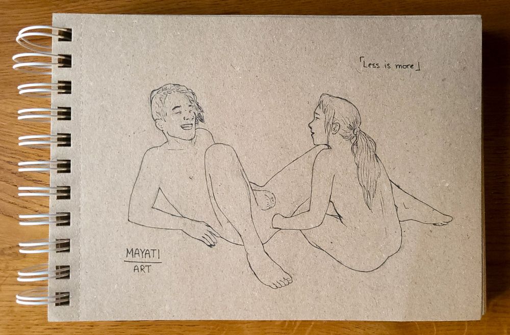 Two persons, are facing each other and sitting on the ground. Both have happy laughing facial expressions. One person is leaned back, with their legs  spread, so that we can see their dick and ass, and are getting fisted by the other person. The other person has long hair with a ponytail hairstyle and sitting more upright or slightly bent towards the first person. 

The scene is depicted as an ink drawing on toned paper. 
