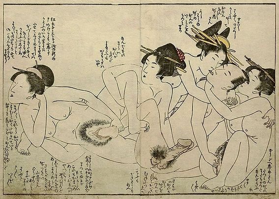 Japanese shunga art showing an orgy with 4 women and one man. 