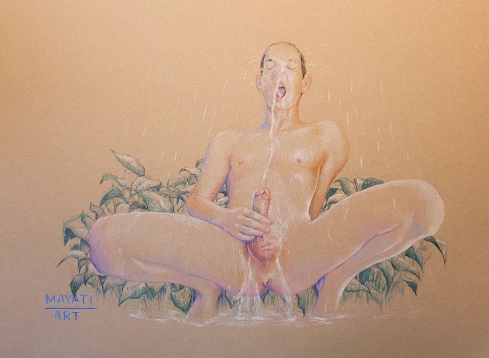 NSFW: A man is sitting in a squat and aiming with a stream of piss in his own face. The piss is flowing down his torso and from his ass cheeks flowing on the ground. Behind him there are plants with green leaves and it is raining, so that the water from the rain and urine are flowing together into a large puddle of water on the ground. It is so deep, so that the toes of the man are entirely covered by the water. The entire scene has a peaceful, relaxed ambiance. 