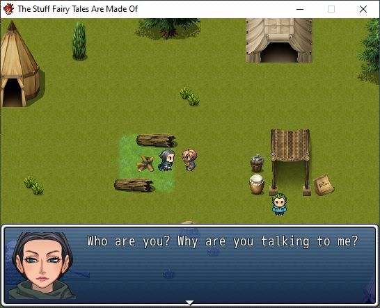 A screenshot from a retro-style role-playing game. At the top is the name of the game - The Stuff Fairy Tales Are Made Of. The scene is a grassy merchant camp, with some tents, plants and trees. On the right is a merchant with some goods. In the middle is a firepit with two logs serving as benches. Next to the firepit are two characters facing each other - the main character of the game, Paul, and Barbara. At the bottom of the screen is the blue text window, with Barbara's portrait and the text: "Who are you? Why are you talking to me?"