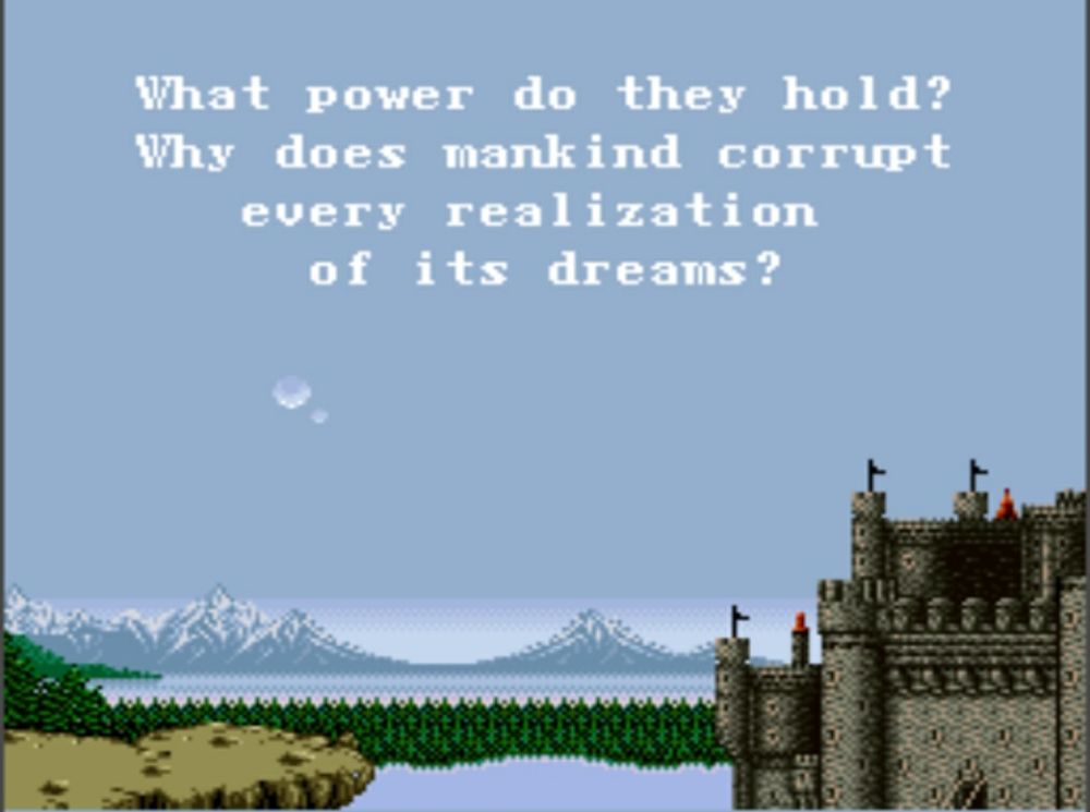 A scenic screenshot from Final Fantasy 4. The background portrays a castle framed by a pine forest and a distant mountain range. Twin moons hang in the twilight sky, and a narrative text reads: "What power do they [the crystals] hold? Why does mankind corrupt every realization of its dreams?"