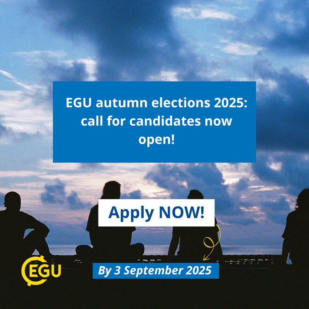 Image description: Silhouettes of people sitting against the sky, with text reading: "EGU autumn elections 2025: call for candidates now open! Apply Now! By 3 September 2025."