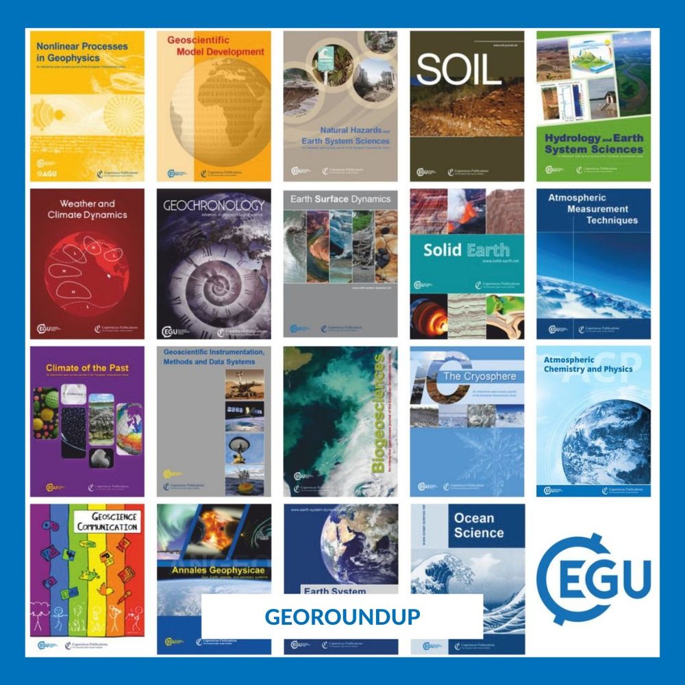 Image description: A collage of book covers and scientific posters related to various geosciences topics. With text reading: "GeoRoundup".