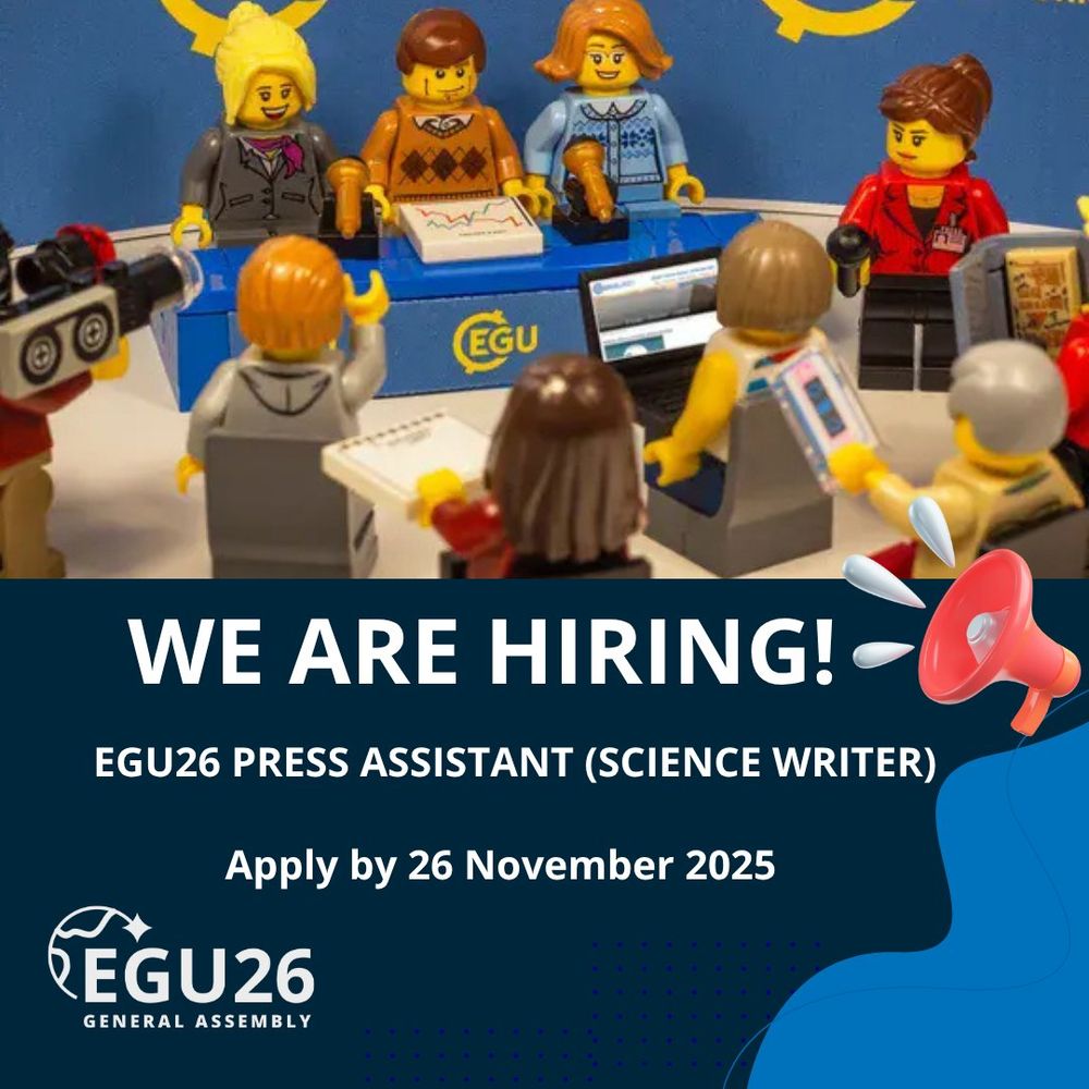 Image description: LEGO figures in a mock press conference setting with 'EGU General Assembly' logos.Text reads: 'WE ARE HIRING! EGU26 Press Assistant. Apply by 26 November 2025. More details.' 