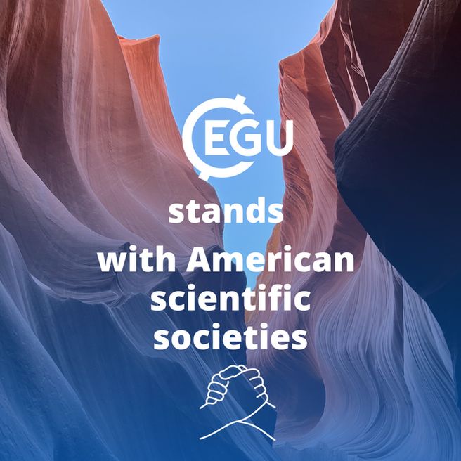 Image description: background of the Antelope Canyon, with text reading: " European Geosciences Union (EGU) logo and text stating 'EGU stands with American scientific societies".