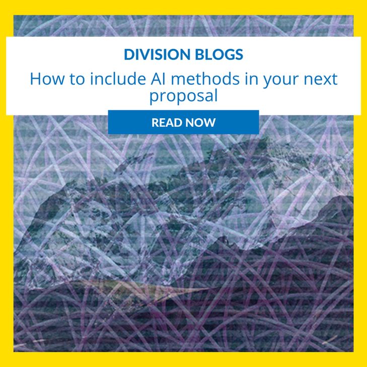 Image description: An abstract pattern of intersecting lines in shades of blue and purple. Text reading: " Division Blogs "How to include AI methods in your next proposal. Read now."