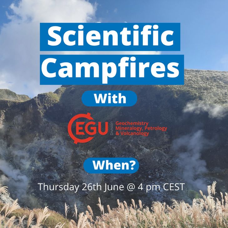 Image description: Background with mountains and grassy fields. With text reading:" Scientific Campfires with EGU (Geochemistry, Mineralogy, Petrology & Volcanology) logo Thursday, 26th June at 4 pm CEST."